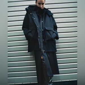 Zara ZW Collection Wool Detailed Oversized Hooded Parka Jacket Black M/L